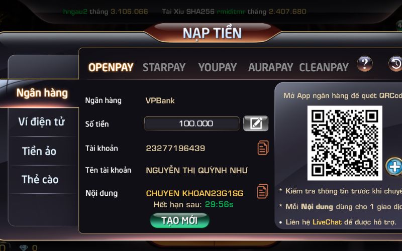 Hướng dẫn nạp tiền vào tài khoản BayClub
