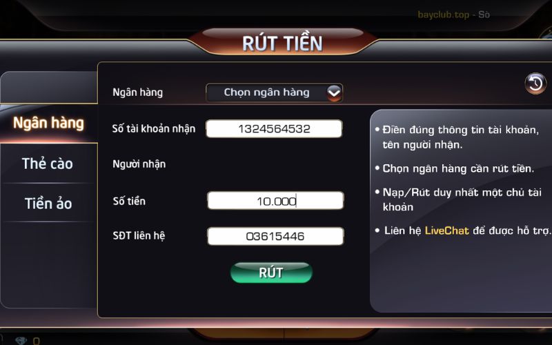 Cách rút tiền từ tài khoản BayClub